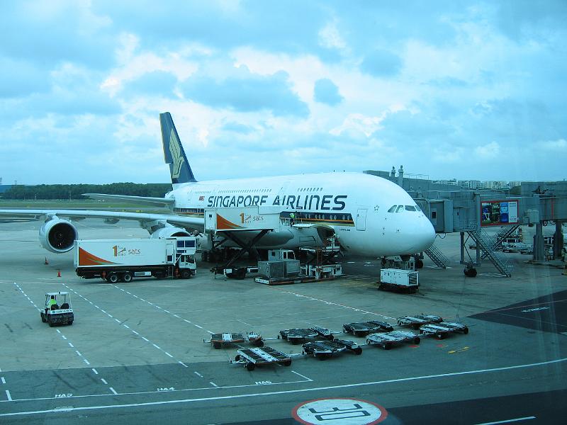 IMG_2087.JPG - Aéroport de Singapour; l'A380 à quai; la personne devant la porte d'accès donne une idée de l'échelle